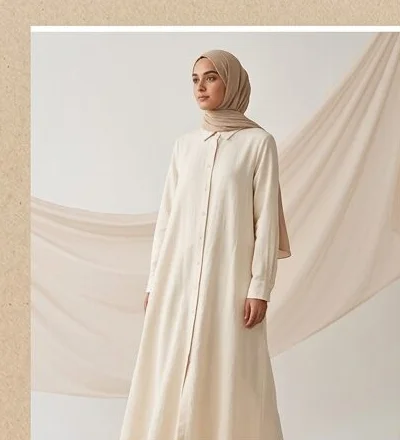 Modest wear look on a model against a draped linen backdrop, an AI photoshoot by Kaptured.AI