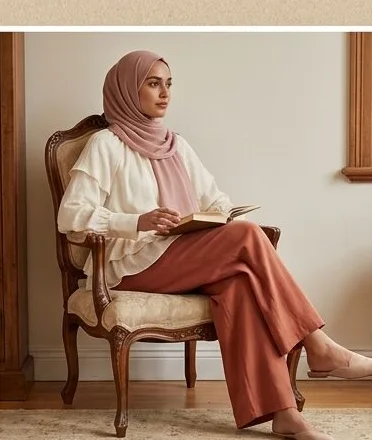 Modest wear look on a model seated in a leather armchair indoors, an AI photoshoot by Kaptured.AI