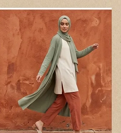 Modest wear look on a model moving past a terracotta wall, an AI photoshoot by Kaptured.AI