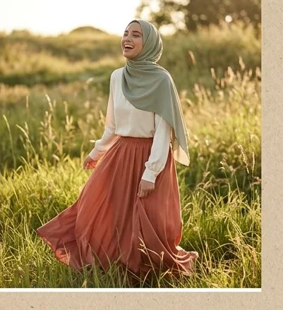 Modest wear look on a model in a summer meadow, an AI photoshoot by Kaptured.AI