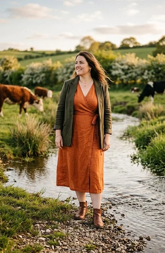 Plus-size look on a model standing in a stream, shot with AI