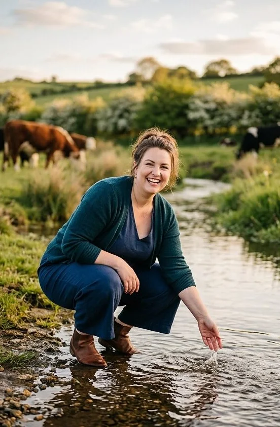 Plus-size look on a model crouched at the water's edge, shot with AI