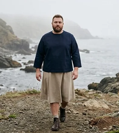 Plus-size look on a model on a misty rocky coastline, an AI photoshoot by Kaptured.AI