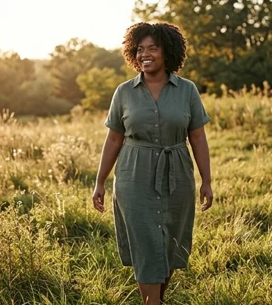 Plus-size look on a model in a summer meadow, an AI photoshoot by Kaptured.AI