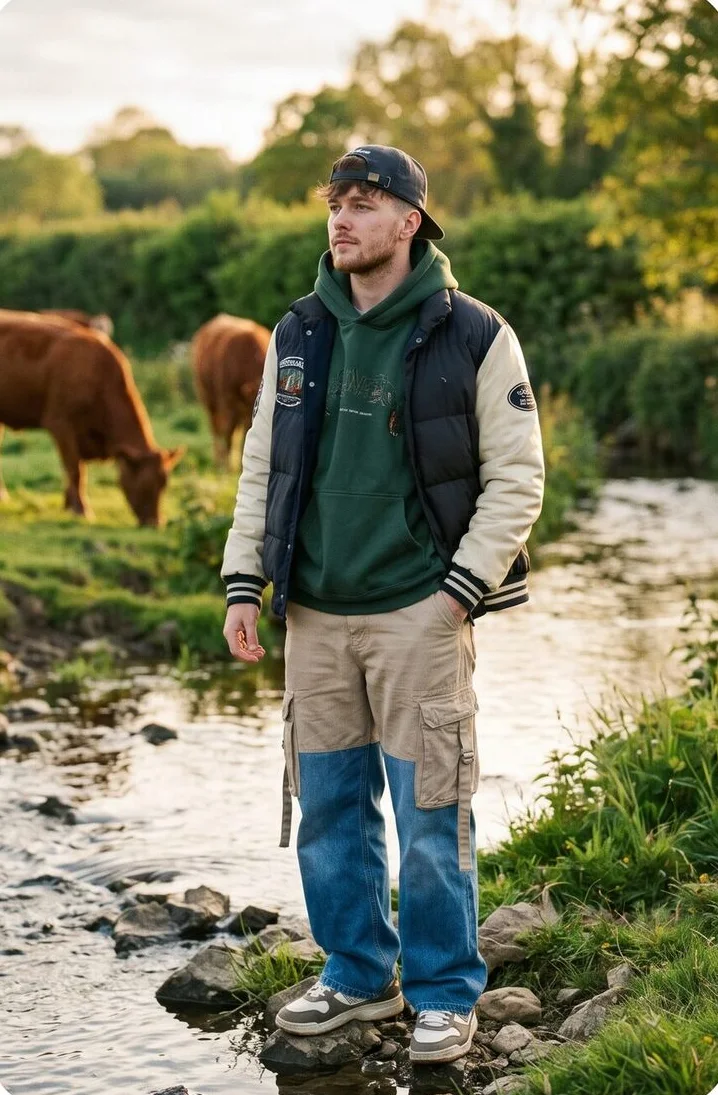Streetwear look on a model standing in a stream, shot with AI
