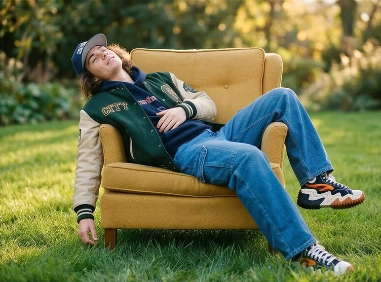 Streetwear look on a model lounging in a garden armchair, shot with AI