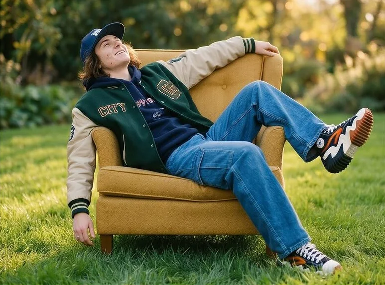 The same streetwear look in a second armchair pose, shot with AI