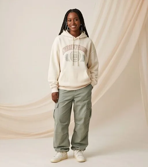 Streetwear look on a model against a draped linen backdrop, an AI photoshoot by Kaptured.AI