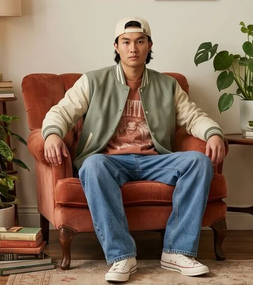 Streetwear look on a model seated in a leather armchair indoors, an AI photoshoot by Kaptured.AI