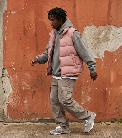 Streetwear look on a model moving past a terracotta wall, an AI photoshoot by Kaptured.AI