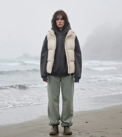 Streetwear look on a model on a misty rocky coastline, an AI photoshoot by Kaptured.AI