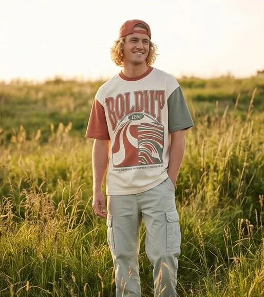 Streetwear look on a model in a summer meadow, an AI photoshoot by Kaptured.AI