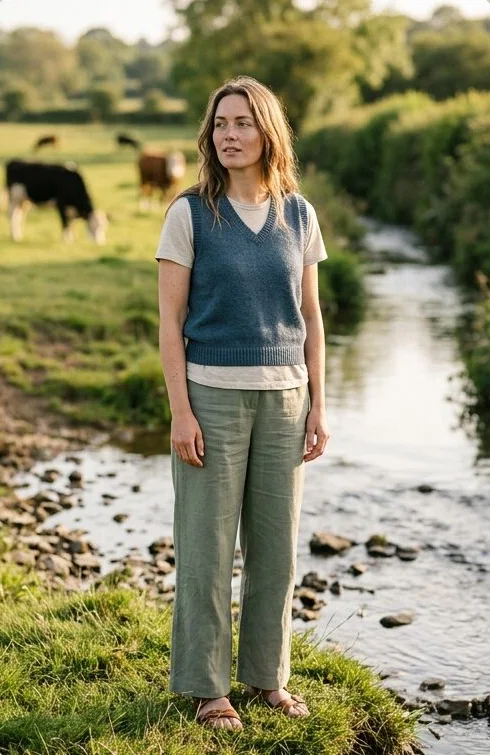 Sustainable fashion look on a model standing in a stream, shot with AI
