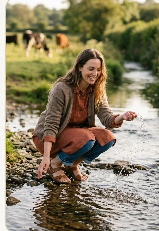 Sustainable fashion look on a model crouched at the water's edge, shot with AI