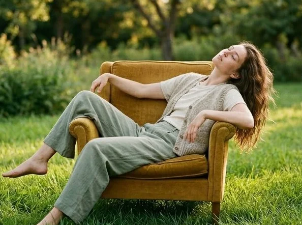 Sustainable fashion look on a model lounging in a garden armchair, shot with AI
