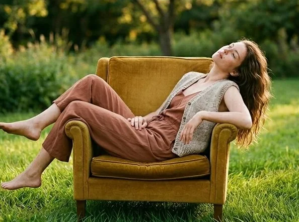 The same sustainable fashion look in a second armchair pose, shot with AI