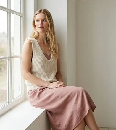 Sustainable fashion look on a model in soft window light, an AI photoshoot by Kaptured.AI