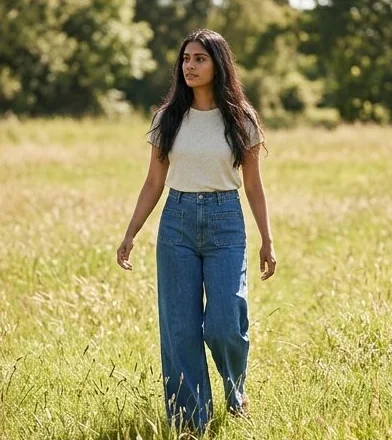 Sustainable fashion look on a model in a summer meadow, an AI photoshoot by Kaptured.AI
