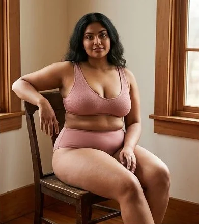 Swimwear look on a model seated in a leather armchair indoors, an AI photoshoot by Kaptured.AI