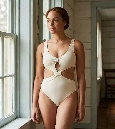 Swimwear look on a model in soft window light, an AI photoshoot by Kaptured.AI
