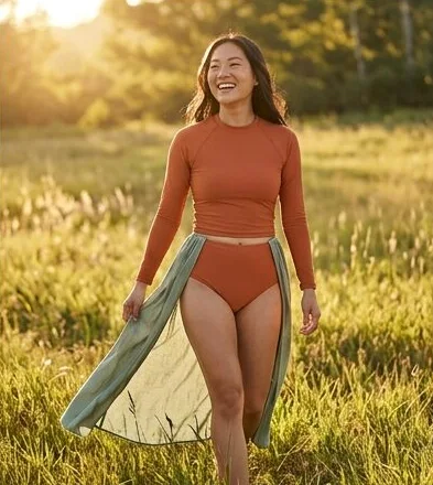 Swimwear look on a model in a summer meadow, an AI photoshoot by Kaptured.AI