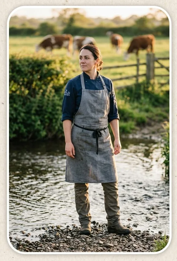 Workwear look on a model standing in a stream, shot with AI