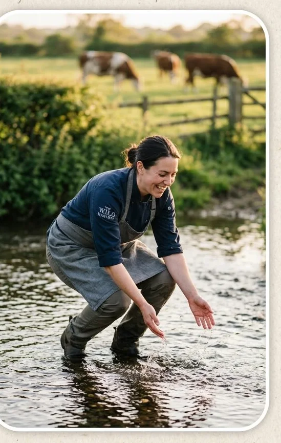 Workwear look on a model crouched at the water's edge, shot with AI