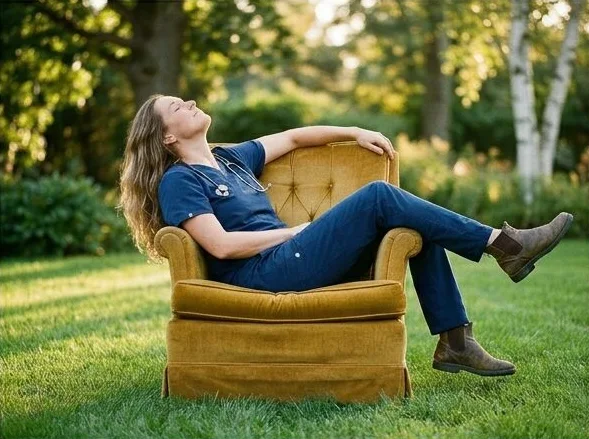 Workwear look on a model lounging in a garden armchair, shot with AI