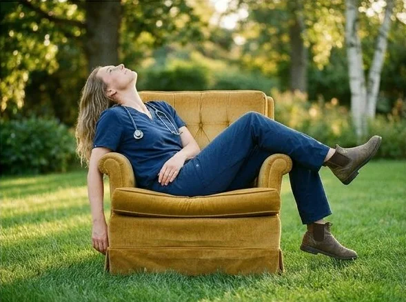 The same workwear look in a second armchair pose, shot with AI