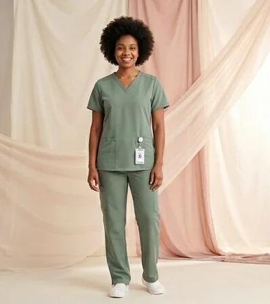 Workwear look on a model in healthcare scrubs against a draped backdrop, an AI photoshoot by Kaptured.AI