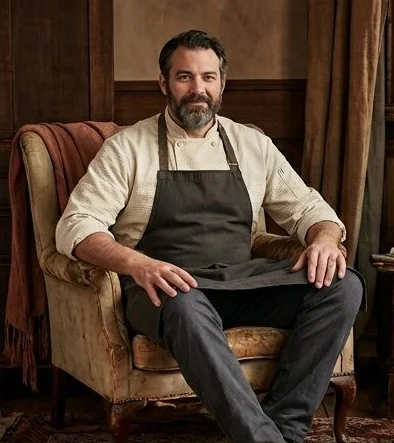 Workwear look on a model in a chef's apron, seated in a leather armchair, an AI photoshoot by Kaptured.AI