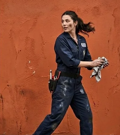 Workwear look on a model in a work coverall, moving past a terracotta wall, an AI photoshoot by Kaptured.AI