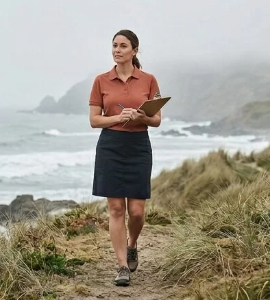 Workwear look on a model in a hospitality uniform on a coastal path, an AI photoshoot by Kaptured.AI