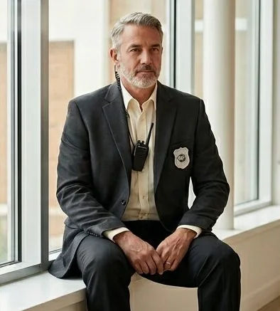 Workwear look on a model in a security suit by a window, an AI photoshoot by Kaptured.AI