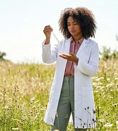 Workwear look on a model in a lab coat in a summer meadow, an AI photoshoot by Kaptured.AI