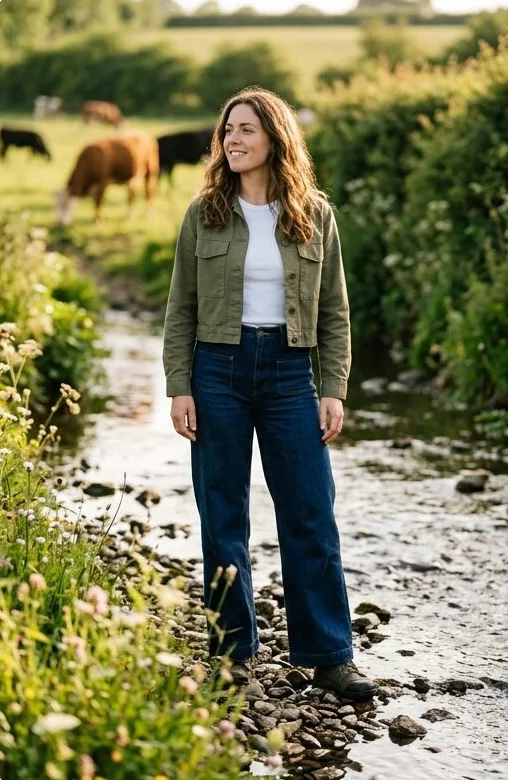 Khaki jacket and jeans on a model standing in a stream, shot with AI