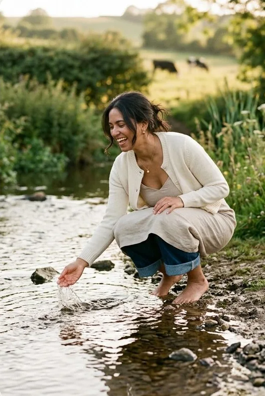 Cream cardigan and jeans on a model crouched by a stream, shot with AI