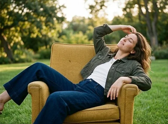 Khaki jacket look lounging in a garden armchair, shot with AI