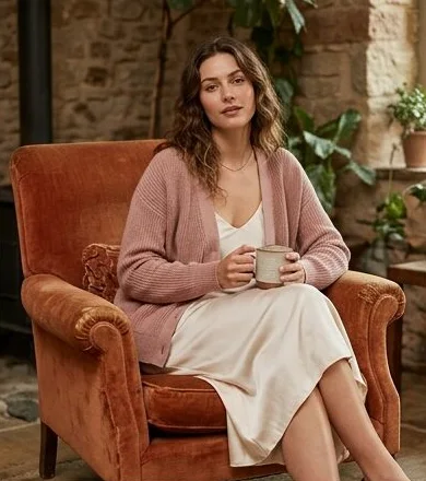 Womenswear look on a model seated in a leather armchair indoors, an AI photoshoot by Kaptured.AI