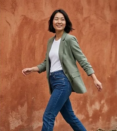 Womenswear look on a model moving past a terracotta wall, an AI photoshoot by Kaptured.AI