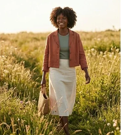 Womenswear look on a model in a summer meadow, an AI photoshoot by Kaptured.AI