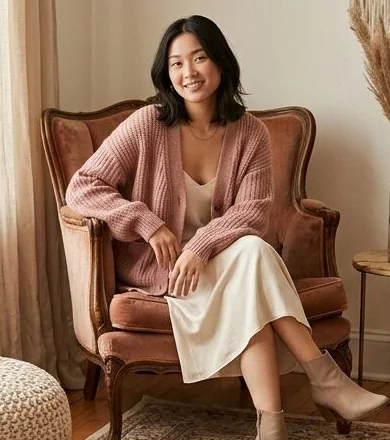 Pink cardigan and skirt in a velvet armchair, shot with AI