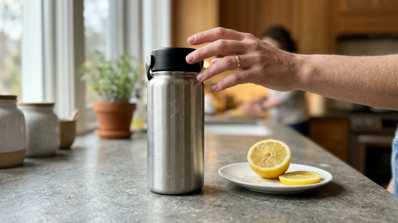 Steel water bottle on a stone kitchen counter with a hand reaching for it, a wide A+ banner image made with AI