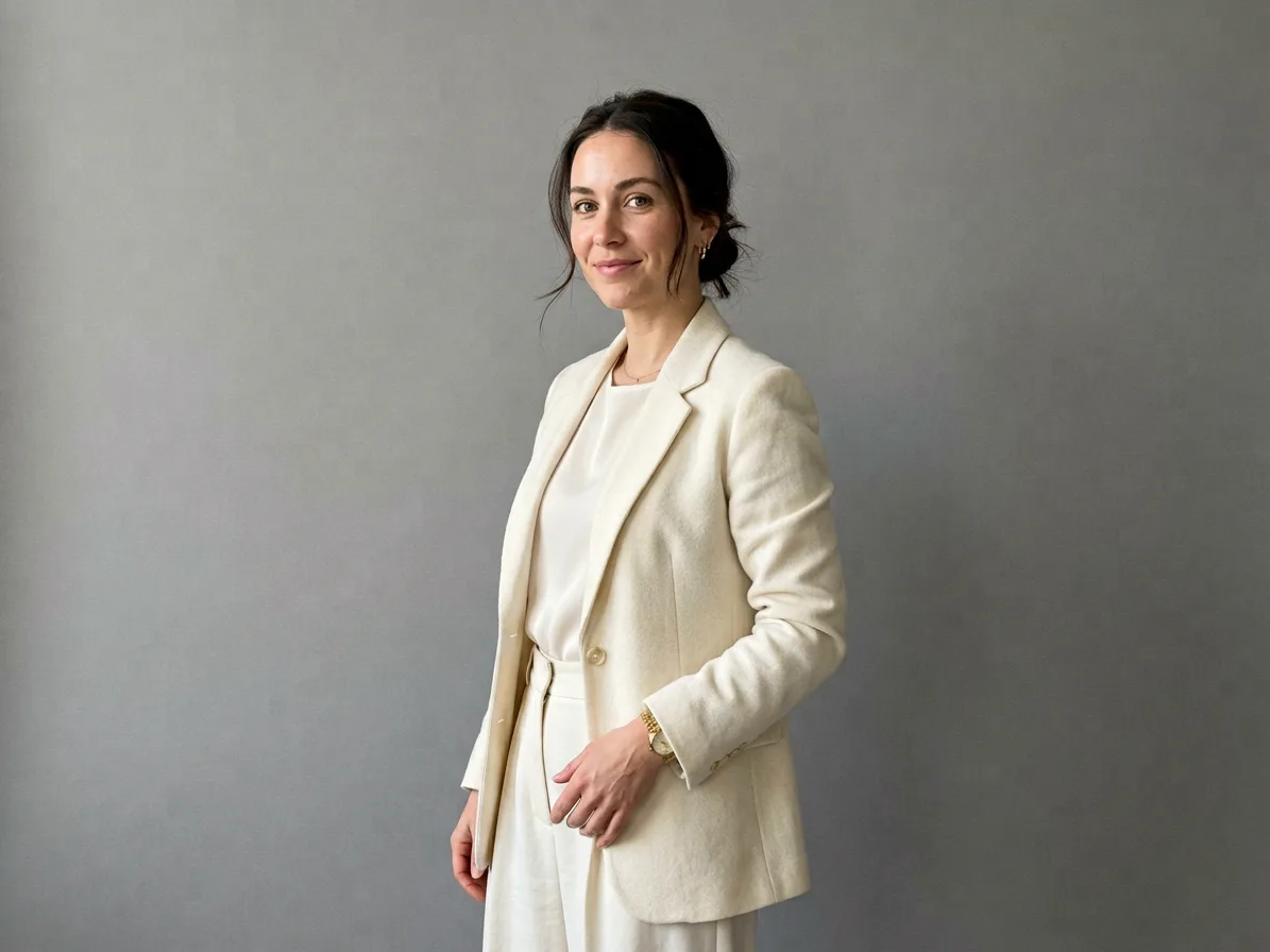 AI fashion model in an ivory wool blazer, framed from the waist up on a dove-grey background