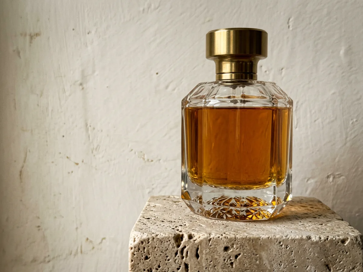 Faceted glass perfume bottle with amber liquid on a travertine plinth, a product photo made with AI