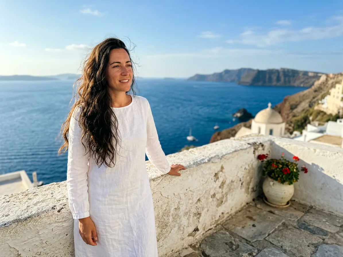 Woman in a white linen dress on a whitewashed terrace above the sea, a background swap made with AI