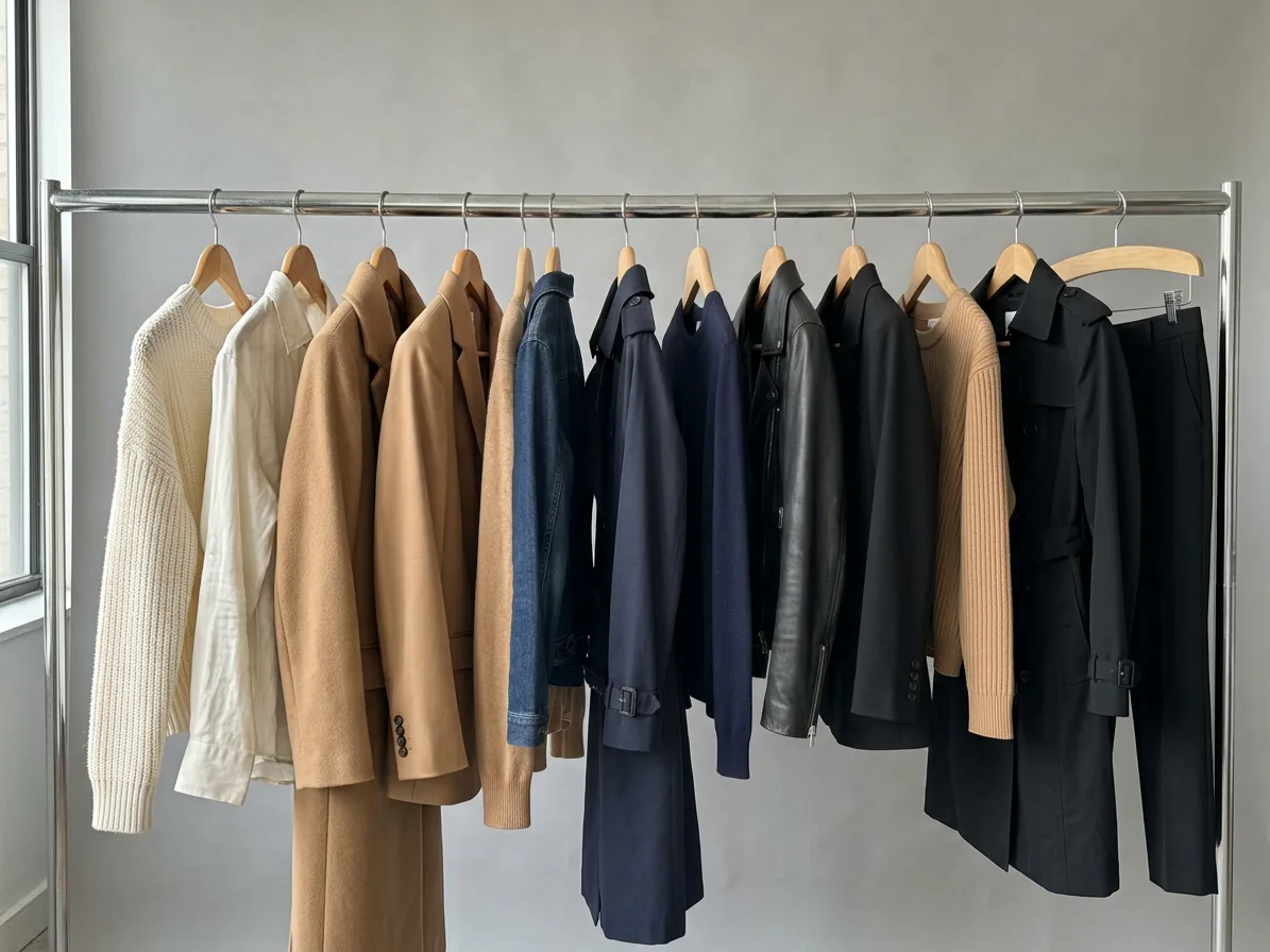 Twelve garments on pale wooden hangers along one steel rail, made with AI