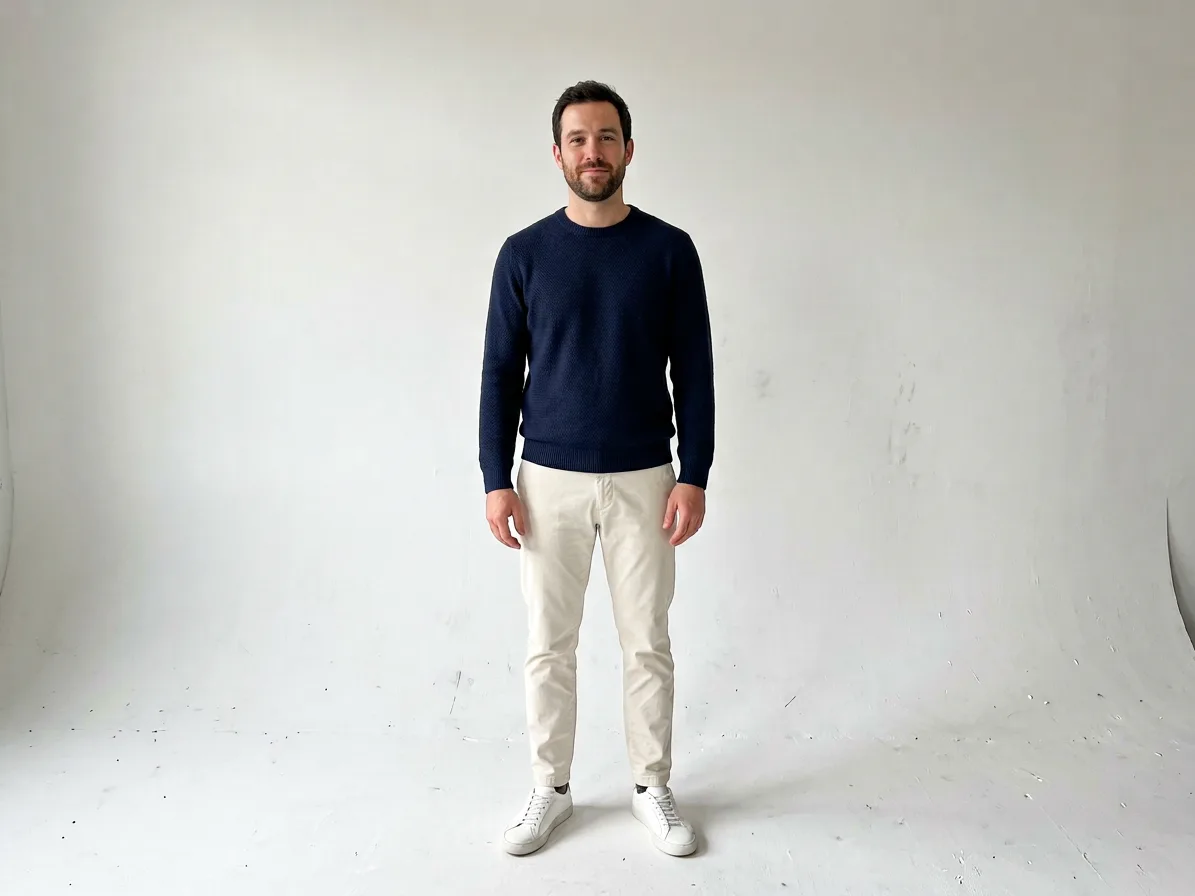 Full-length catalog photo of a man in a navy sweater and ivory chinos on white, made with AI