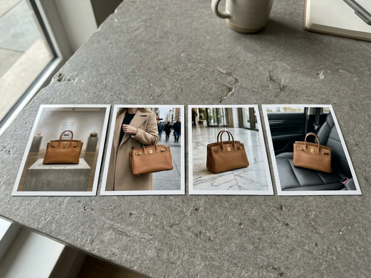 Four prints of one tan leather handbag shown in four different settings, made with AI