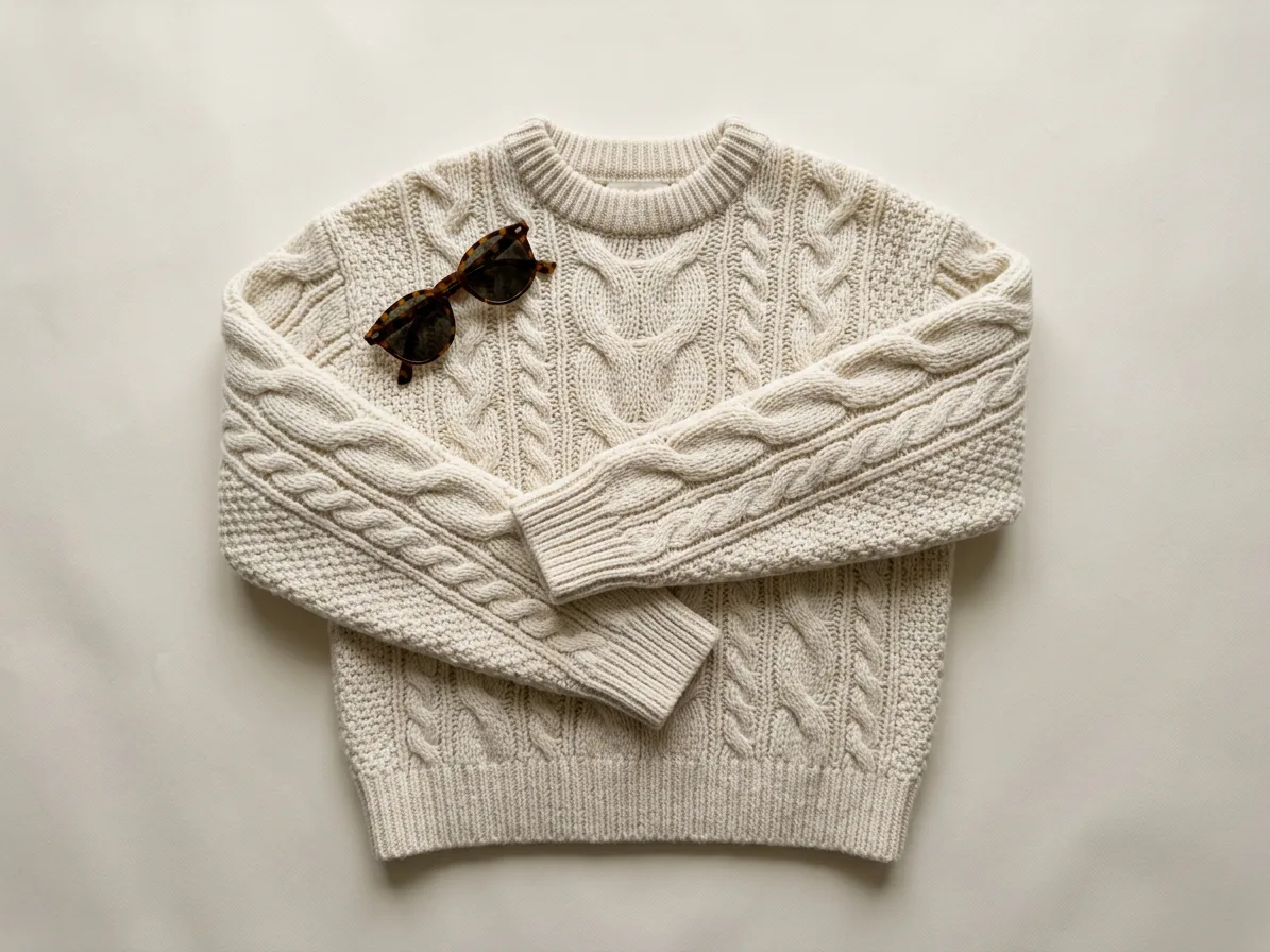 Flat lay of a cream cable-knit wool sweater on ivory, seen from directly above, made with AI